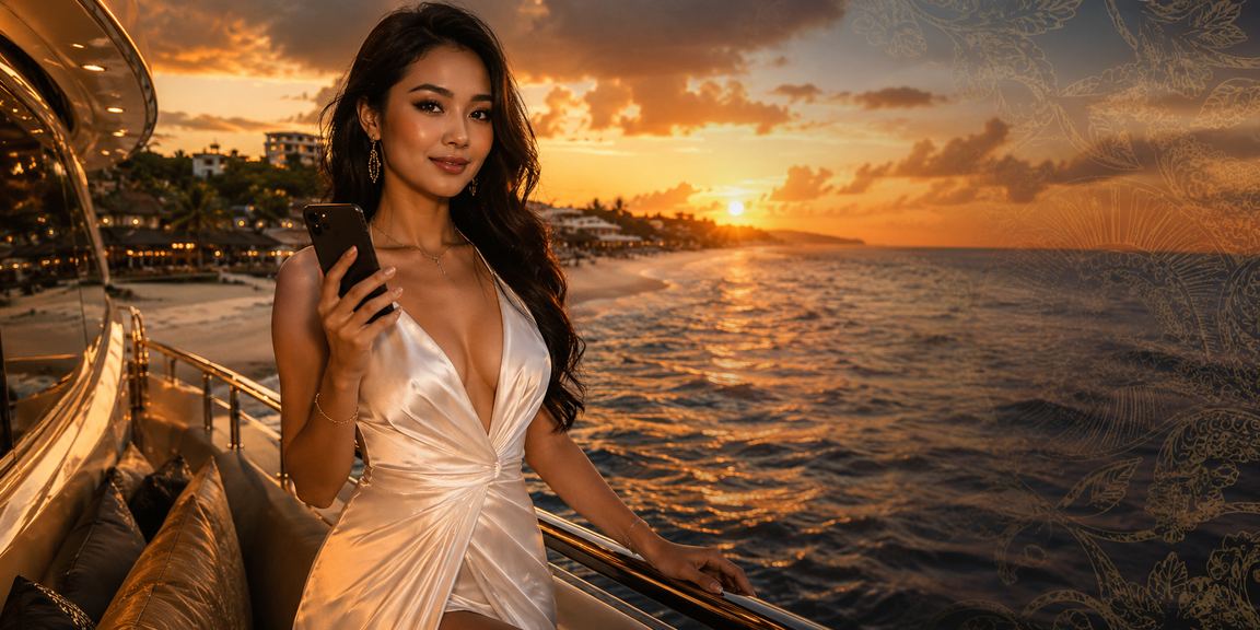 Pemain casino menggunakan smartphone di pantai dengan tampilan antarmuka mobile yang jernih