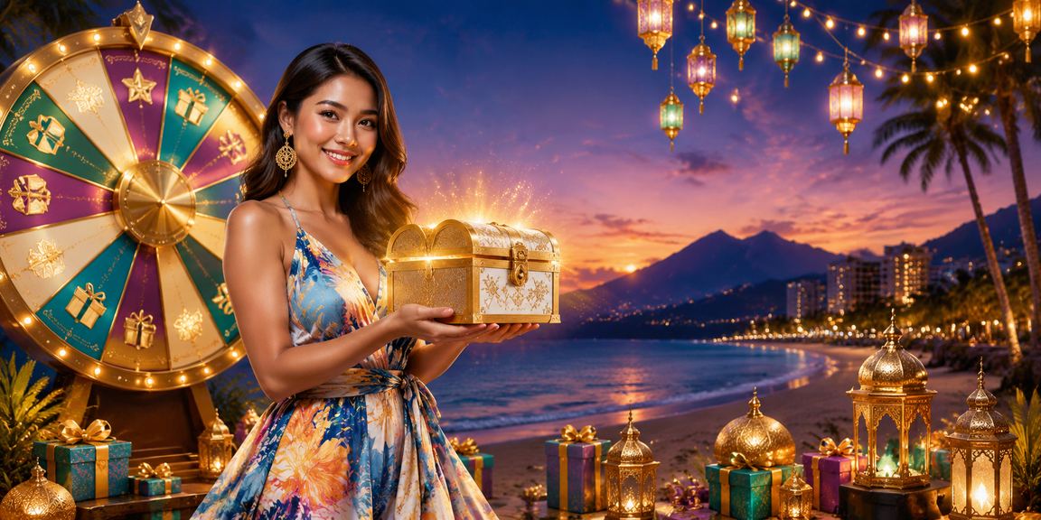 Peserta lucky draw tersenyum bahagia sambil memegang hadiah di tepi pantai
